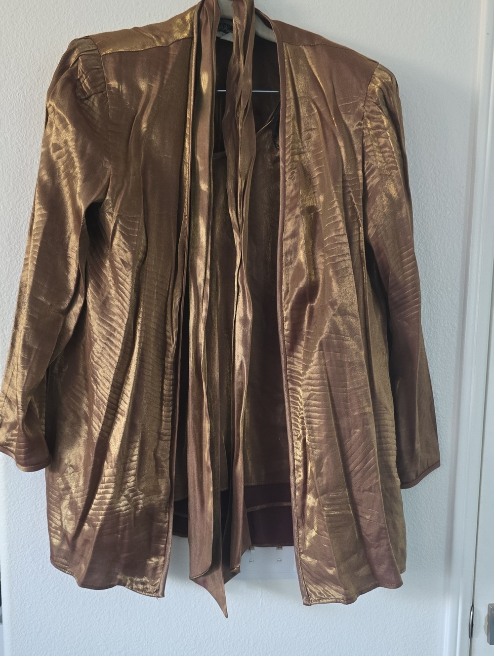 Metallic Bronze Open Front Women's Jacket with Neck Tie